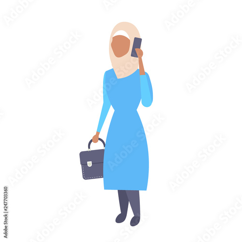 arabic woman phone calling arab businesswoman holding briefcase wearing traditional clothes female cartoon character full length flat isolated