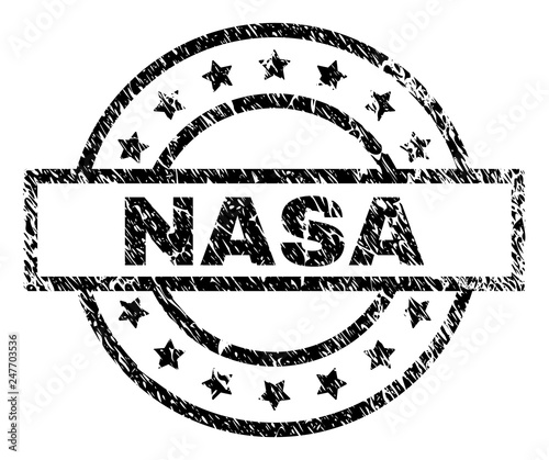 NASA stamp seal watermark with distress style. Designed with rectangle, circles and stars. Black vector rubber print of NASA caption with scratched texture.