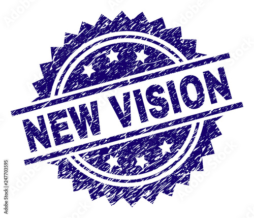 NEW VISION stamp seal watermark with distress style. Blue vector rubber print of NEW VISION text with corroded texture.