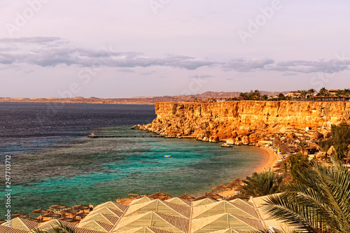 Scenic morning landscape view of the beautiful beach with many umbrellas and clear water of the Red Sea. Famous touristic place and travel destination in Egypt. Sinai, Sharm El Sheikh