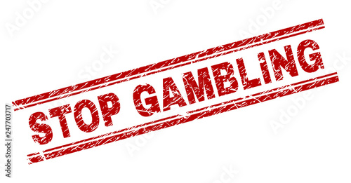 STOP GAMBLING seal imprint with corroded texture. Red vector rubber print of STOP GAMBLING text with retro texture. Text tag is placed between double parallel lines.