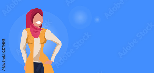 arab woman happy arabic girl wearing hijab fashion clothes muslim female cartoon character portrait flat blue background horizontal