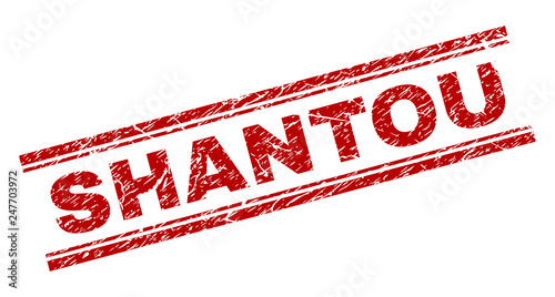 SHANTOU seal imprint with corroded texture. Red vector rubber print of SHANTOU label with unclean texture. Text label is placed between double parallel lines.