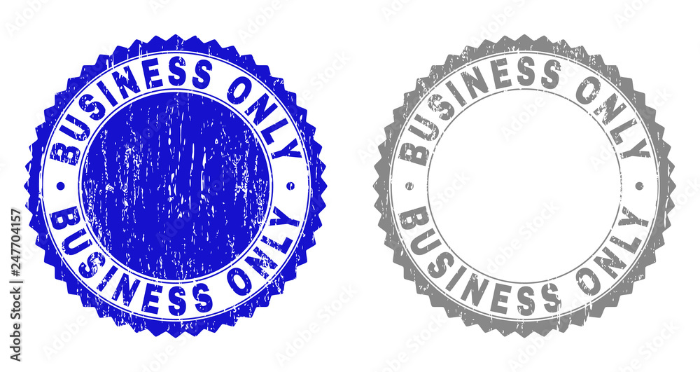 Obraz premium Grunge BUSINESS ONLY stamp seals isolated on a white background. Rosette seals with grunge texture in blue and gray colors. Vector rubber watermark of BUSINESS ONLY title inside round rosette.