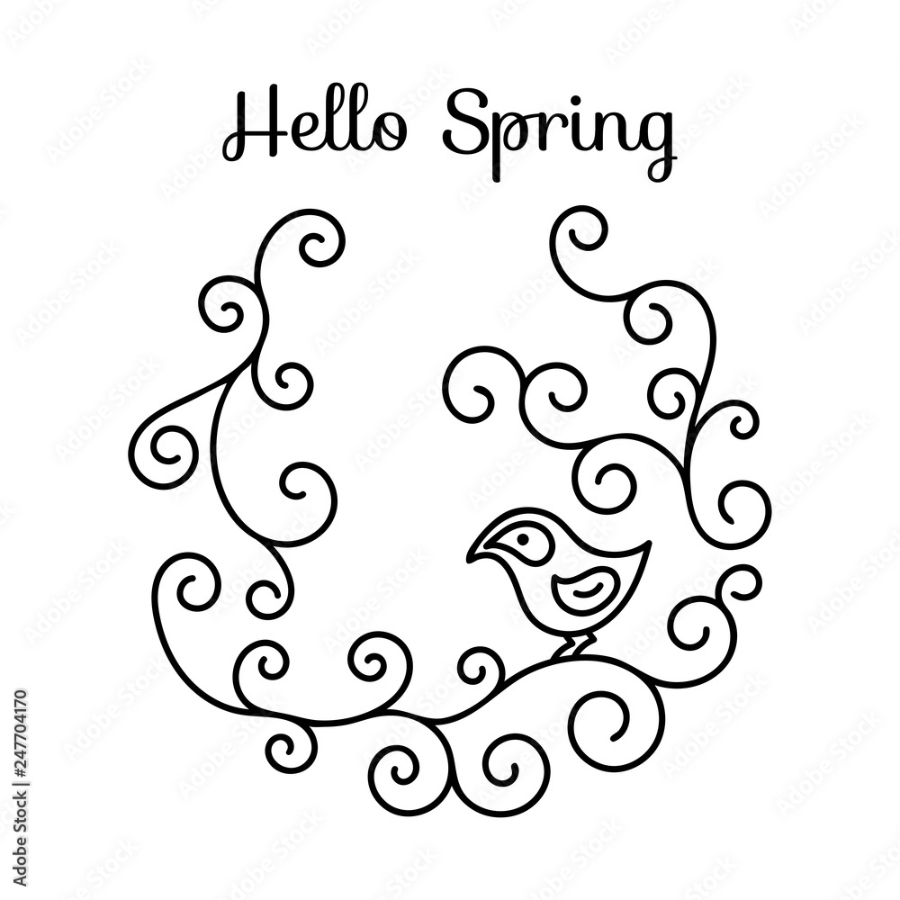 Cute bird on the branches. The Inscription Hello Spring. Graphics, Vector illustration Cute bird on the branches. The Inscription Hello Spring. Graphics, Vector illustration