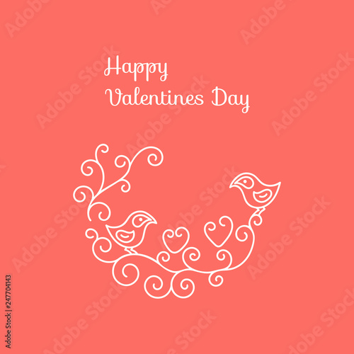 Two birds on branches in the form of spiral. Graphics, Greeting card, Valentine's Day, Vector illustration on a coral background