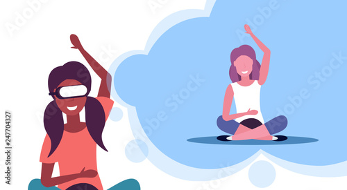 african american girl sitting lotus pose wearing digital glasses virtual reality woman doing yoga exercises meditation online training vision headset concept flat horizontal