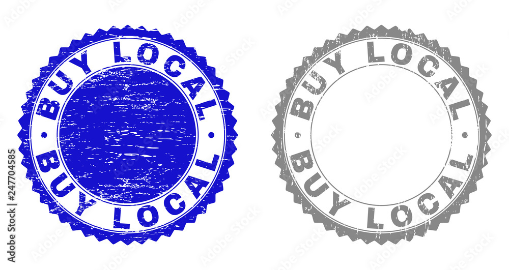 Grunge BUY LOCAL stamps isolated on a white background. Rosette seals with grunge texture in blue and gray colors. Vector rubber overlay of BUY LOCAL title inside round rosette.
