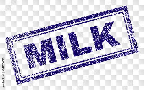 MILK stamp seal imprint with rubber print style and double framed rectangle shape. Stamp is placed on a transparent background. Blue vector rubber print of MILK text with retro texture.