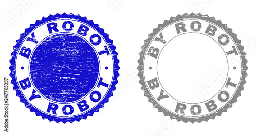 Grunge BY ROBOT stamp seals isolated on a white background. Rosette seals with distress texture in blue and gray colors. Vector rubber imprint of BY ROBOT label inside round rosette.