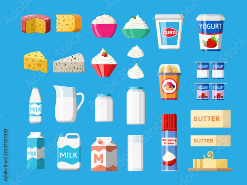 Dairy products set. Collection of milk food. Milk, cheese, yogurt, butter, sour cream, cottage, cream. Tradicional farm products. Vector illustration in flat style