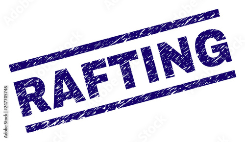 RAFTING seal stamp with grunge style. Blue vector rubber print of RAFTING caption with grunge texture. Text caption is placed between parallel lines.