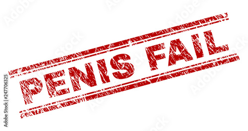 PENIS FAIL seal print with corroded style. Red vector rubber print of PENIS FAIL title with corroded texture. Text caption is placed between double parallel lines.