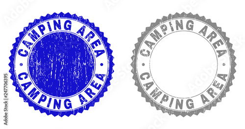 Grunge CAMPING AREA stamp seals isolated on a white background. Rosette seals with grunge texture in blue and grey colors. Vector rubber overlay of CAMPING AREA title inside round rosette.