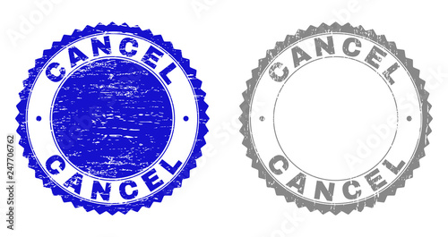 Grunge CANCEL stamp seals isolated on a white background. Rosette seals with grunge texture in blue and grey colors. Vector rubber overlay of CANCEL label inside round rosette.