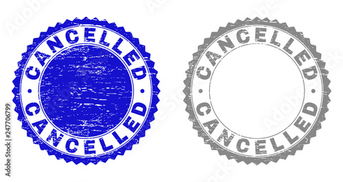 Grunge CANCELLED stamp seals isolated on a white background. Rosette seals with grunge texture in blue and grey colors. Vector rubber imprint of CANCELLED text inside round rosette.