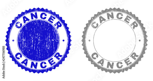 Grunge CANCER stamp seals isolated on a white background. Rosette seals with grunge texture in blue and gray colors. Vector rubber overlay of CANCER label inside round rosette.