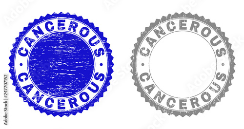 Grunge CANCEROUS stamp seals isolated on a white background. Rosette seals with grunge texture in blue and grey colors. Vector rubber overlay of CANCEROUS label inside round rosette.