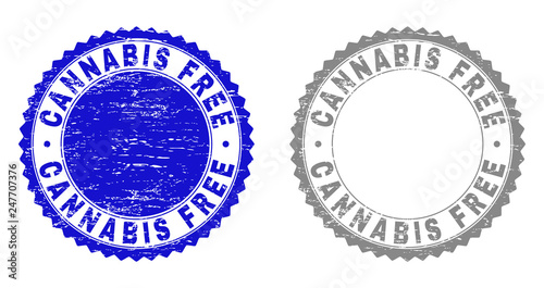 Grunge CANNABIS FREE stamp seals isolated on a white background. Rosette seals with distress texture in blue and grey colors. Vector rubber watermark of CANNABIS FREE text inside round rosette.