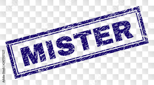 MISTER stamp seal print with rubber print style and double framed rectangle shape. Stamp is placed on a transparent background. Blue vector rubber print of MISTER tag with unclean texture.