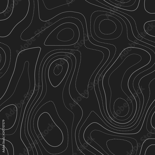 Topographic contours. Admirable topography map. Dark seamless design, fresh tileable isolines pattern. Vector illustration.