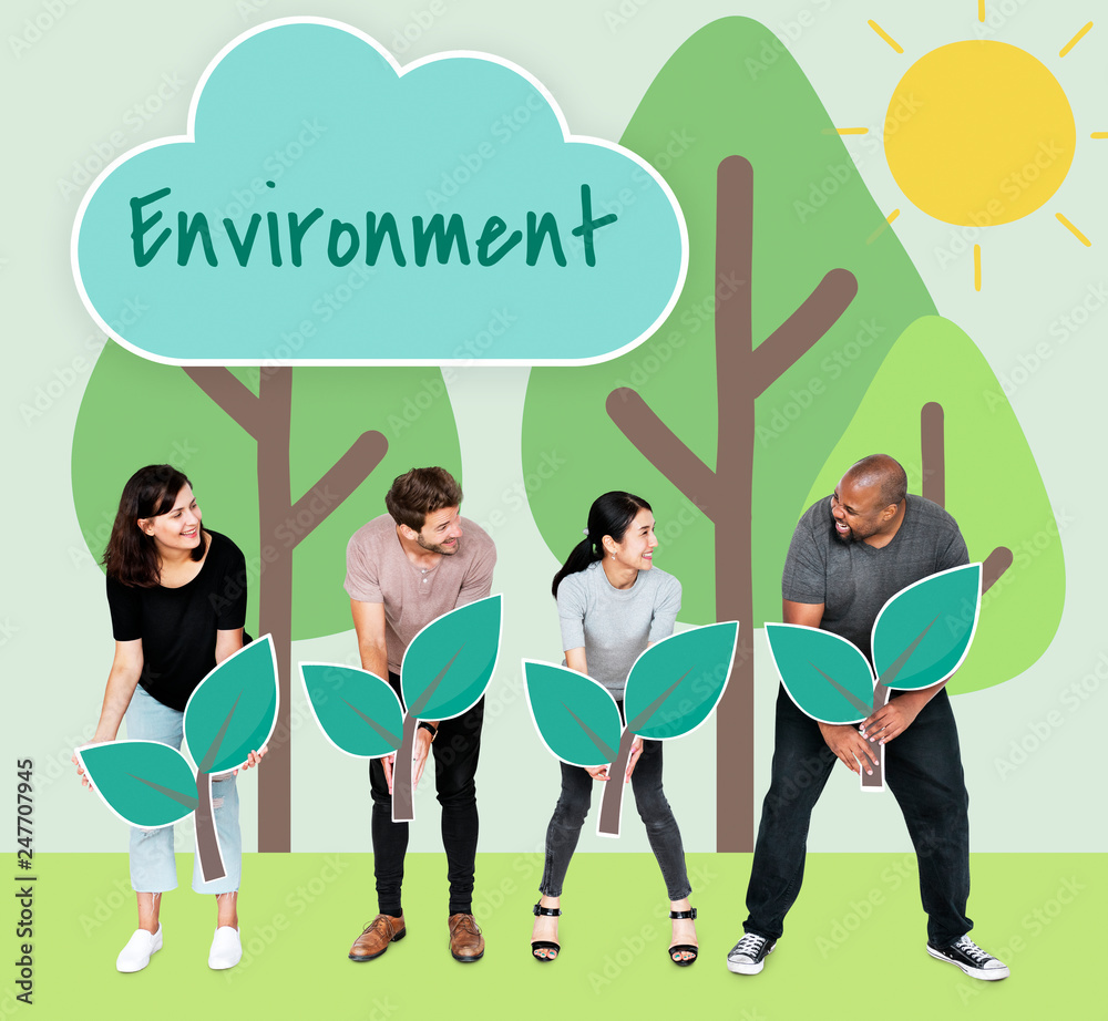 Diverse people with environmental conservation concept icons Diverse people with environmental conservation concept icons
