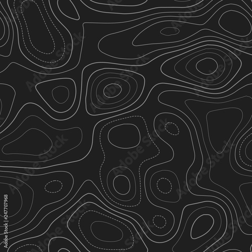 Abstract topography. Actual topography map. Dark seamless design, splendid tileable isolines pattern. Vector illustration.