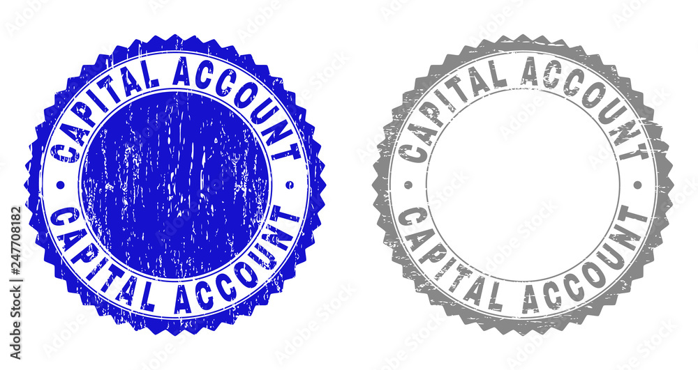 Grunge CAPITAL ACCOUNT stamp seals isolated on a white background. Rosette seals with grunge texture in blue and grey colors. Vector rubber imprint of CAPITAL ACCOUNT caption inside round rosette.