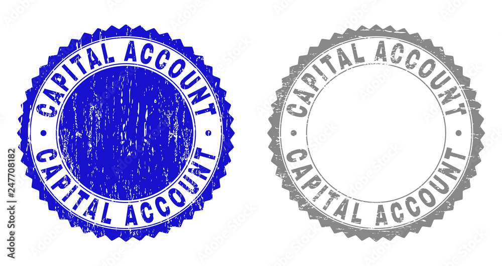 Obraz premium Grunge CAPITAL ACCOUNT stamp seals isolated on a white background. Rosette seals with grunge texture in blue and grey colors. Vector rubber imprint of CAPITAL ACCOUNT caption inside round rosette.