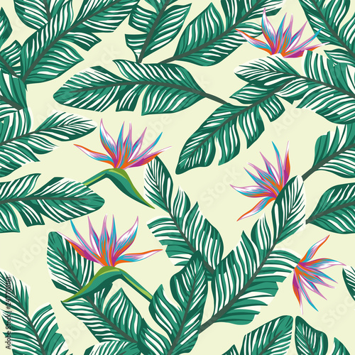 Seamless composition tropical banana leaves and flowers