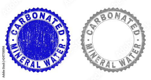 Grunge CARBONATED MINERAL WATER stamp seals isolated on a white background. Rosette seals with grunge texture in blue and grey colors.