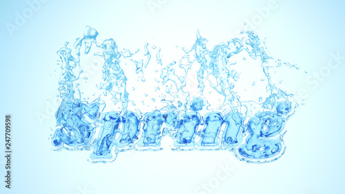 The word Spring. Material blue and transparent ice covered by crystal fresh water splash. 3d illustration. Isolated on bright background