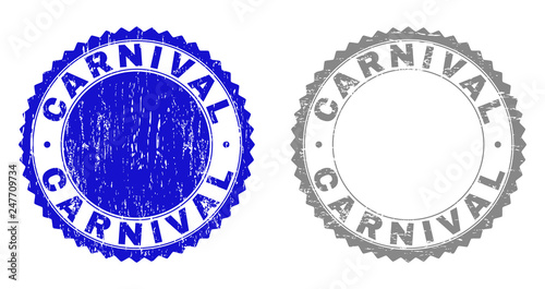 Grunge CARNIVAL stamp seals isolated on a white background. Rosette seals with grunge texture in blue and gray colors. Vector rubber imitation of CARNIVAL title inside round rosette.