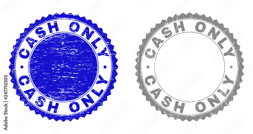 Grunge CASH ONLY stamp seals isolated on a white background. Rosette seals with grunge texture in blue and grey colors. Vector rubber watermark of CASH ONLY caption inside round rosette.