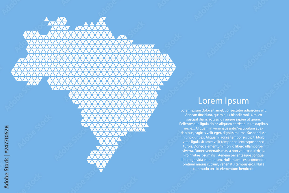 Brazil map abstract schematic from white  triangles repeating pattern geometric on light blue background with nodes for banner, poster, greeting card. Vector illustration.