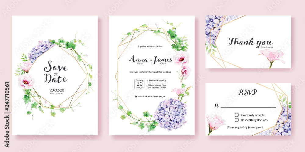 Wedding Invitation, save the date, thank you, rsvp card Design template.Greenery Ivy, Pink Lisianthus, Hydrangea flower. Watercolor style. Vector