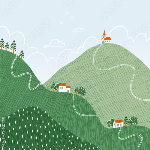 Tiny houses on hills, illustrated landscape