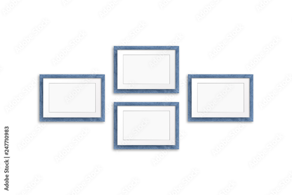 Blank photo frames mock up, four grey blue realistic wooden frameworks isolated on white Blank photo frames mock up, four grey blue realistic wooden frameworks isolated on white