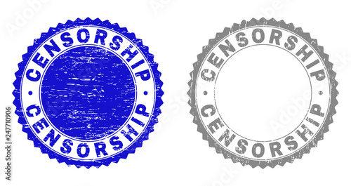 Grunge CENSORSHIP stamp seals isolated on a white background. Rosette seals with grunge texture in blue and gray colors. Vector rubber overlay of CENSORSHIP label inside round rosette.
