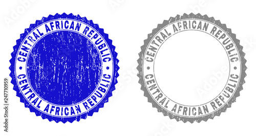 Grunge CENTRAL AFRICAN REPUBLIC stamp seals isolated on a white background. Rosette seals with grunge texture in blue and gray colors.