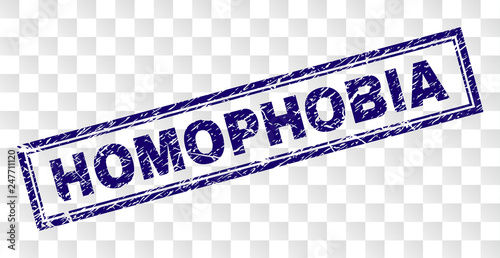 HOMOPHOBIA stamp seal print with corroded style and double framed rectangle shape. Stamp is placed on a transparent background. Blue vector rubber print of HOMOPHOBIA title with corroded texture.