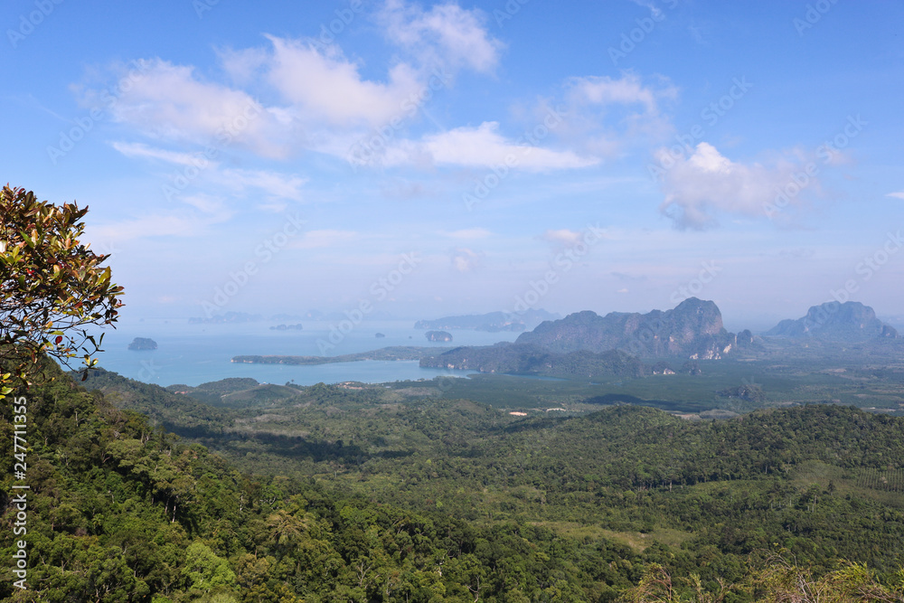 Fototapeta premium View of the valley and the Andaman Sea, islands and mountains from the viewpoint, Krabi, Thailand