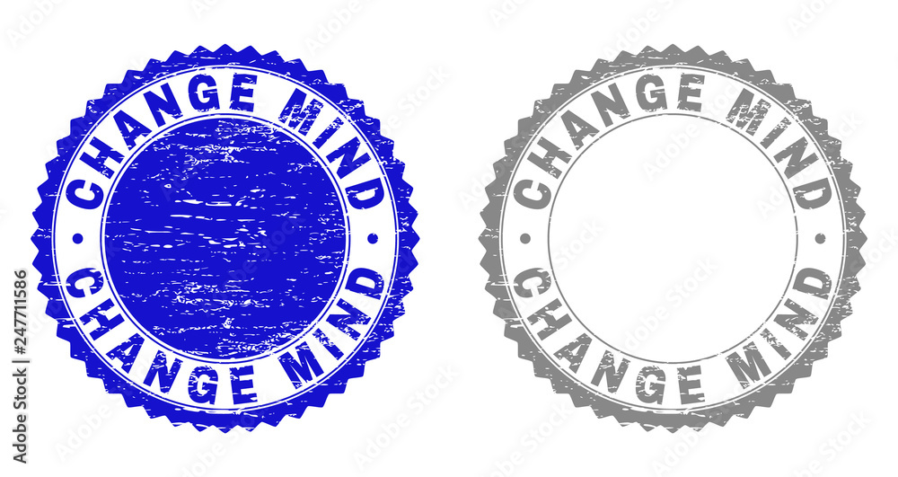 Obraz premium Grunge CHANGE MIND stamp seals isolated on a white background. Rosette seals with grunge texture in blue and grey colors. Vector rubber imitation of CHANGE MIND text inside round rosette.