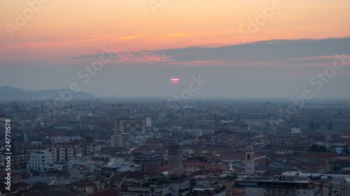 Bergamo  Italy. Landscape to the new city  downtown  at the sunrise from the old town located on the top of the hill