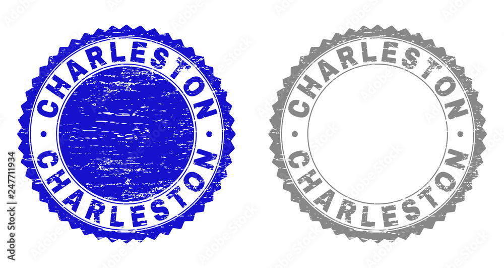 Grunge CHARLESTON stamp seals isolated on a white background. Rosette seals with grunge texture in blue and gray colors. Vector rubber overlay of CHARLESTON title inside round rosette. Grunge CHARLESTON stamp seals isolated on a white background. Rosette seals with grunge texture in blue and gray colors. Vector rubber overlay of CHARLESTON title inside round rosette.