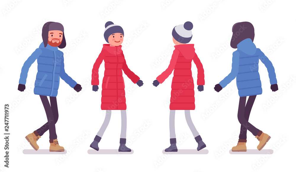 Stylish man and woman in a down jacket walking, wearing soft warm winter clothes, classic snow boots and hat. City outfit concept. Vector flat style cartoon illustration isolated on white background