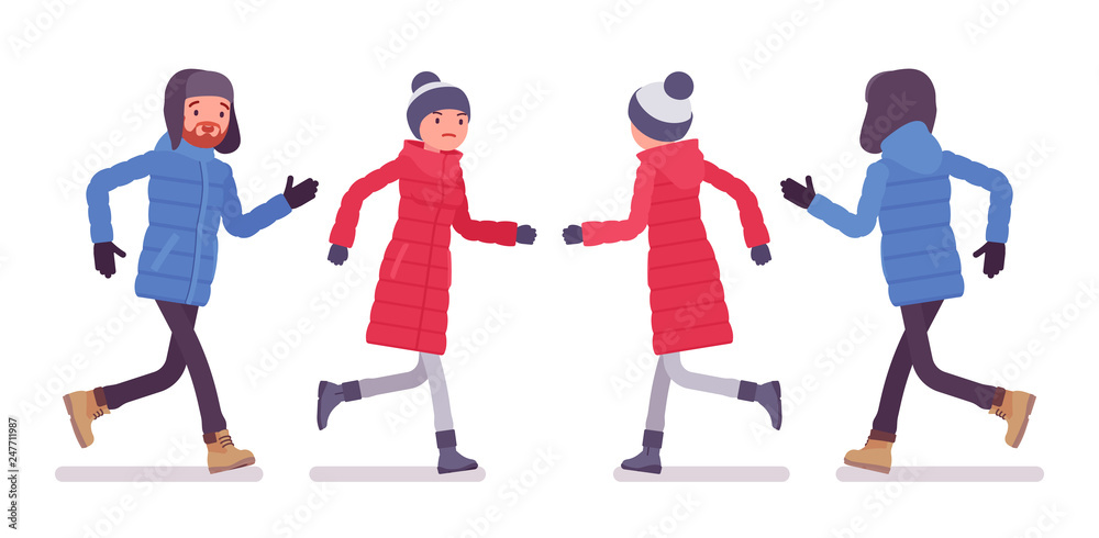 Stylish man and woman in a down jacket running, wearing soft warm winter clothes, classic snow boots and hat. City outfit concept. Vector flat style cartoon illustration isolated on white background