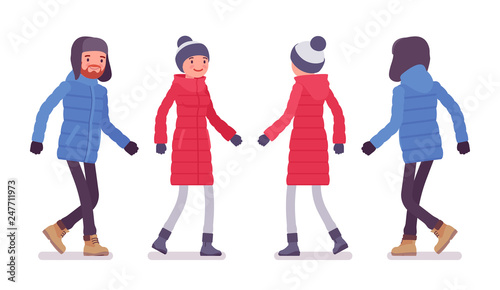 Stylish man and woman in a down jacket walking, wearing soft warm winter clothes, classic snow boots and hat. City outfit concept. Vector flat style cartoon illustration isolated on white background