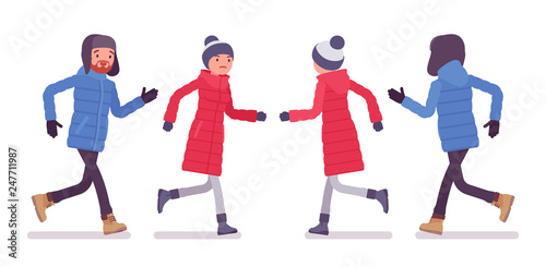 Stylish man and woman in a down jacket running, wearing soft warm winter clothes, classic snow boots and hat. City outfit concept. Vector flat style cartoon illustration isolated on white background