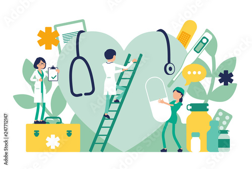 Doctors, general practitioners working. Professional clinic examination of giant heart, hospital equipment and tools. Medicine and healthcare concept. Vector illustration with faceless characters